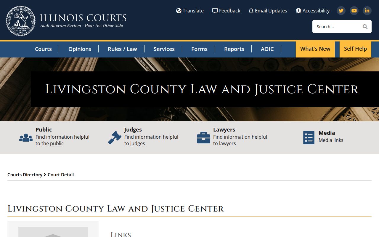 Illinois Courts directory for the Livingston County Law and Justice Center